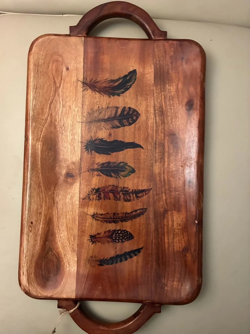 Acacia Wooden Serving Tray with Feather Inlay - Warm Brown